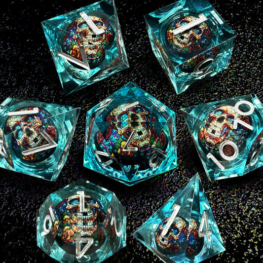 HAOMEJA Skeleton Stardust Resin Dice Set 7 PCS (Skull A & Blue)