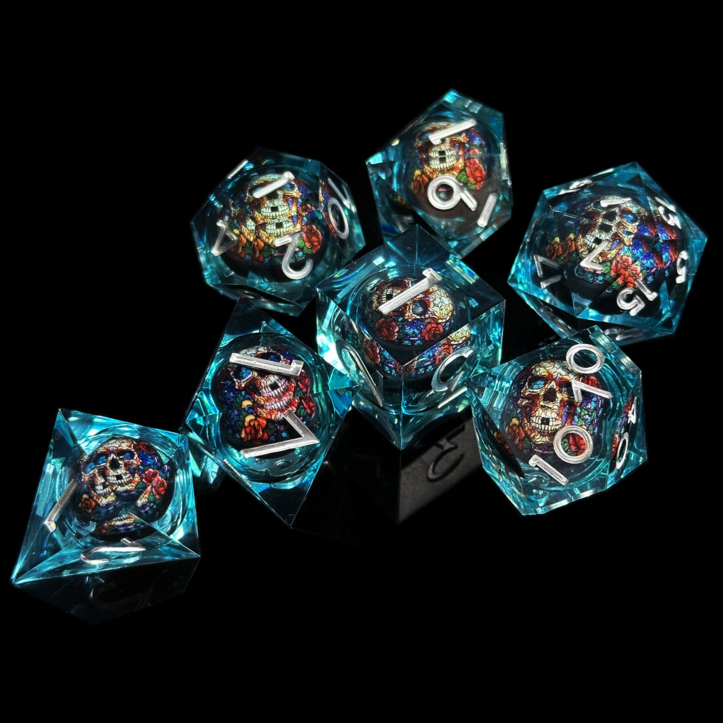 HAOMEJA Skeleton Stardust Resin Dice Set 7 PCS  (Skull A & Blue)